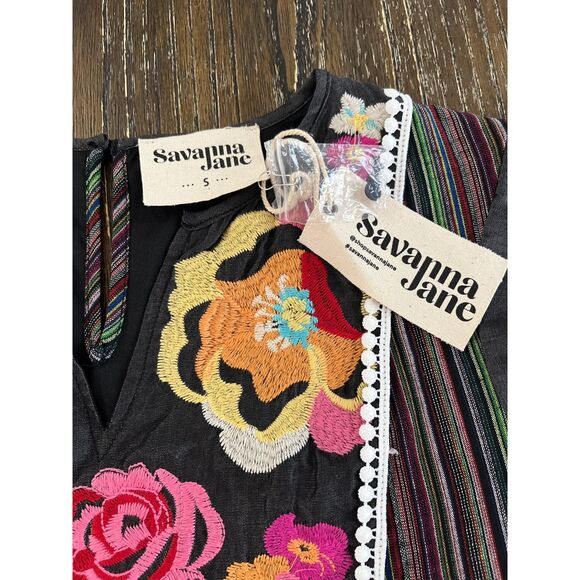 Savanna Jane Embroidered Boho Dress Black Multi Stripe Floral Size Small NWT - Picture 5 of 12